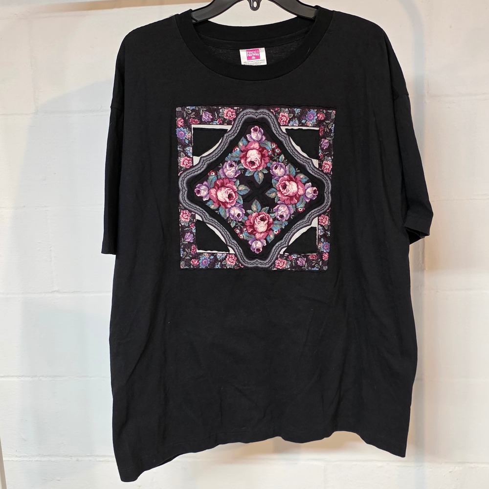 Vintage Hanes Her Way Black Floral Patchwork Graphic T-Shirt XL Cotton 90s Boho